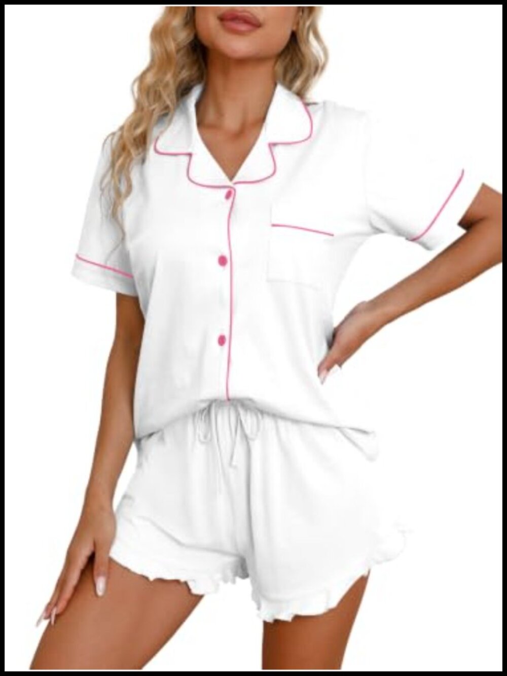 100% Cotton Pajama Set Button Down Short Sleeve Ruffle Shorts Sleepwear